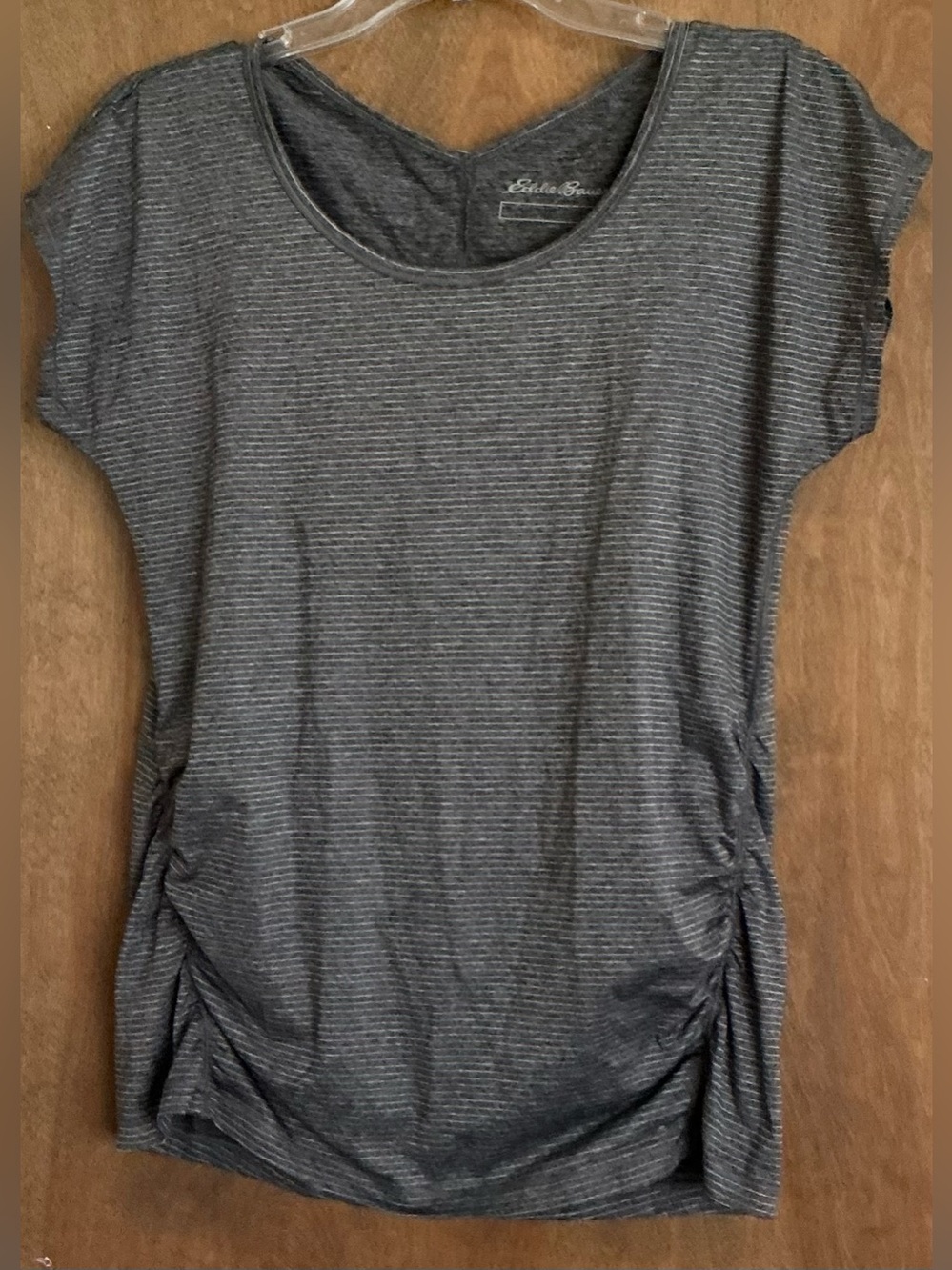 Eddie Bauer FreeDry Gray Striped Top, V Back,Ruched Side Stripe, Cinched Side, M
